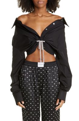 Alexander Wang Athena Crystal Tie Off the Shoulder Crop Cotton Blouse in Black