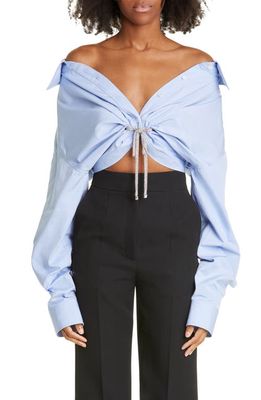 Alexander Wang Athena Crystal Tie Off the Shoulder Crop Cotton Blouse in Oxford