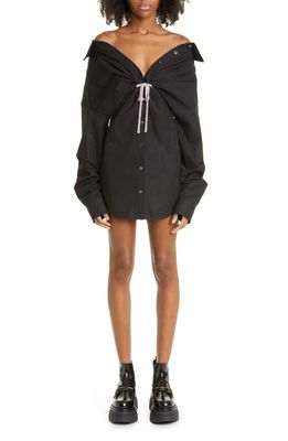 Alexander Wang Athena Crystal Tie Off the Shoulder Long Sleeve Cotton Shirtdress in Black
