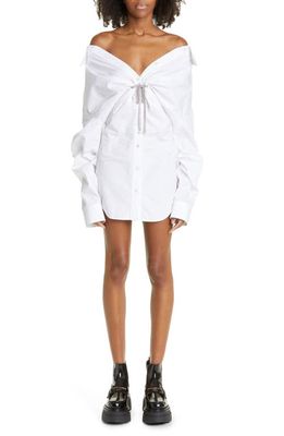 Alexander Wang Athena Crystal Tie Off the Shoulder Long Sleeve Cotton Shirtdress in White