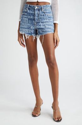 Alexander Wang Bite Newsprint Logo Cutoff Denim Shorts in Vintage Medium Indigo