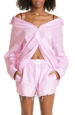 Alexander Wang Charm Bra Strap Stripe Cotton Button-Up Shirt in Light Pink/White