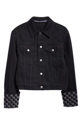 Alexander Wang Crystal Logo Cuff Denim Trucker Jacket in Washed Black