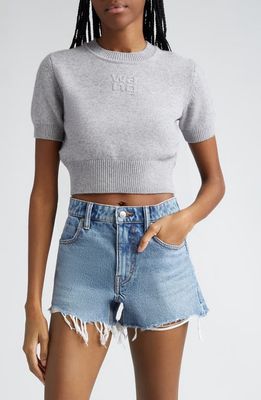 Alexander Wang Embossed Logo Short Sleeve Crop Cotton & Wool Sweater in Heather Grey