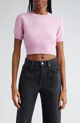 Alexander Wang Embossed Logo Short Sleeve Crop Cotton & Wool Sweater in Light Pink