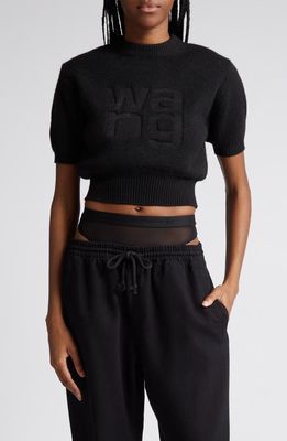 Alexander Wang Embossed Logo Short Sleeve Crop Sweater in 001 Black