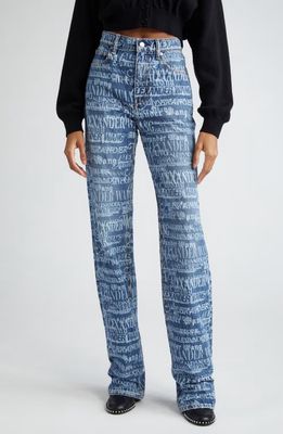 Alexander Wang EZ Newsprint Logo Distressed Relaxed Straight Leg Jeans in Vintage Medium Indigo