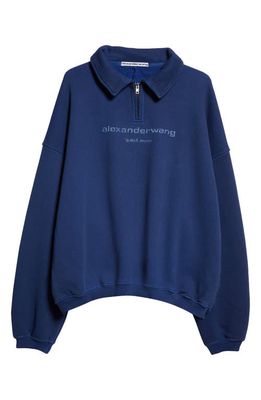 Alexander Wang Glitter Logo Oversize Cotton French Terry Sweatshirt in 410B Dark Navy Combo