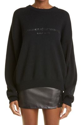 Alexander Wang Logo Embossed Ribbed Crewneck Boiled Wool Sweater in Black
