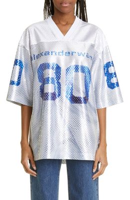 Alexander Wang Oversize Logo Sequin Satin Football Jersey in White/Blue