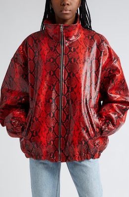 Alexander Wang Oversize Padded Snakeskin Embossed Leather Track Jacket in Red