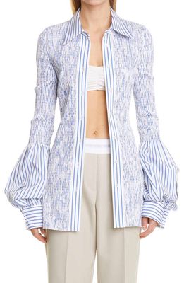Alexander Wang Smocked Cotton Poplin Button-Up Shirt in White/Blue
