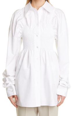 Alexander Wang Smocked Stripe Cotton Poplin Button-Up Shirt in White