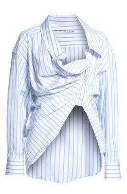 Alexander Wang Stripe Asymmetric Placket Stretch Cotton Button-Up Shirt in White/Blue