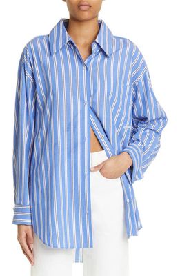 Alexander Wang Stripe Clear Crystal Beaded Button-Up Poplin Shirt in Blue/White