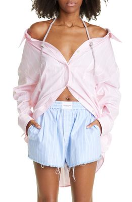 Alexander Wang Stripe Crystal Stripe Off the Shoulder Button-Up Shirt in Light Pink/White