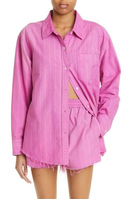 Alexander Wang Stripe Raw Hem Cotton Button-Up Shirt in Joker Pink