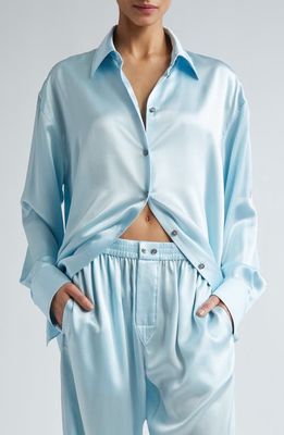 Alexander Wang Tulle Panel Oversize Silk Button-Up Shirt in Shine Blue