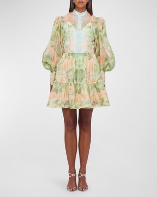 Alexandra Tiered Bishop-Sleeve Mini Dress