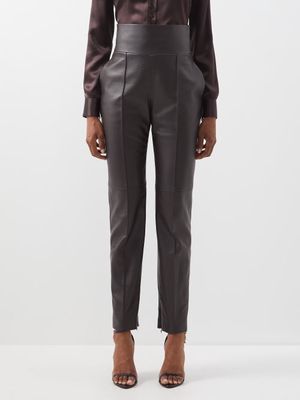 Alexandre Vauthier - High-rise Tapered Leather Trousers - Womens - Dark Brown