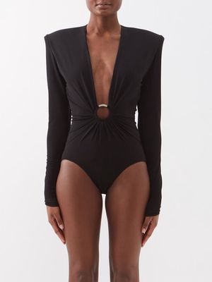 Alexandre Vauthier - Padded-shoulder Ring-embellished Jersey Bodysuit - Womens - Black