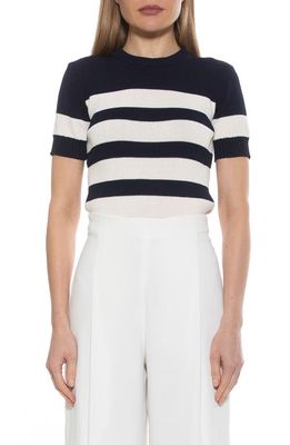 Alexia Admor Pat Stripe Short Sleeve Sweater Top in Navy/Ivory