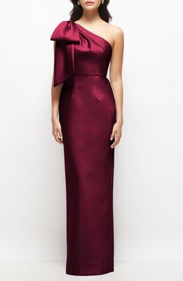 Alfred Sung Bow Detail One-Shoulder Satin Twill Column Gown in Cabernet 