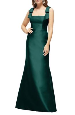 Alfred Sung Bow Strap Satin Twill Trumpet Gown in Evergreen 