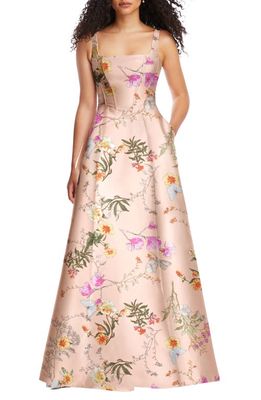 Alfred Sung Floral Corset Satin Gown in Butterfly Botanica-Pink Sand