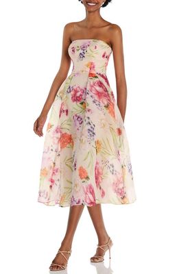 Alfred Sung Floral Print Strapless Midi Dress in Penelope Print