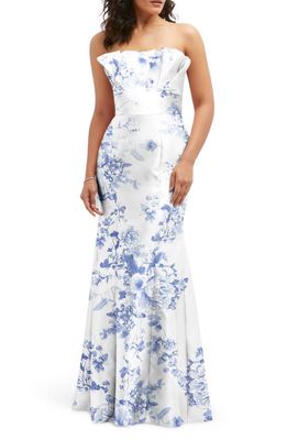 Alfred Sung Floral Ruffle Strapless Trumpet Gown in Cottage Rose-Larkspur Print