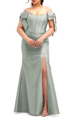 Alfred Sung Off the Shoulder Bow Corset Satin Trumpet Gown in Willow 