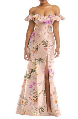 Alfred Sung Off the Shoulder Ruffle Floral Satin Gown in Butterfly Botanica-Pink Sand