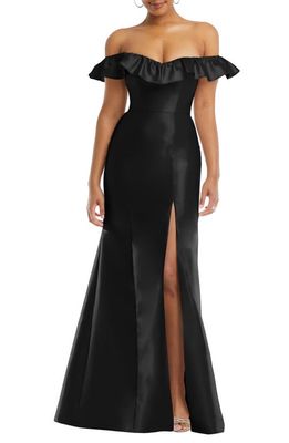 Alfred Sung Off the Shoulder Ruffle Satin Trumpet Gown in Black