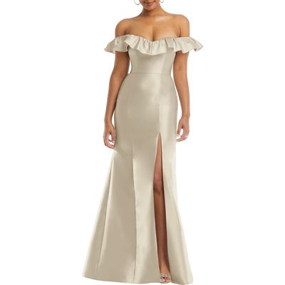 Alfred Sung Off the Shoulder Ruffle Satin Trumpet Gown in Champagne 