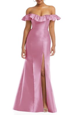 Alfred Sung Off the Shoulder Ruffle Satin Trumpet Gown in Powder Pink