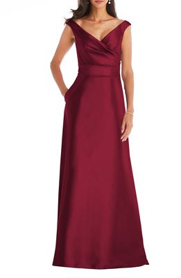 Alfred Sung Off the Shoulder Satin Gown in Burgundy