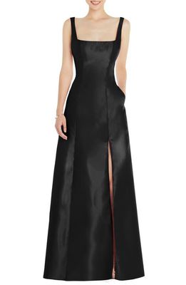 Alfred Sung Square Neck Satin A-Line Gown in Black