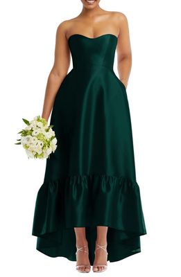 Alfred Sung Strapless Ruffle High-Low Satin Gown in Evergreen