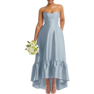 Alfred Sung Strapless Ruffle High-Low Satin Gown in Mist