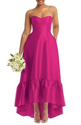 Alfred Sung Strapless Ruffle High-Low Satin Gown in Think Pink