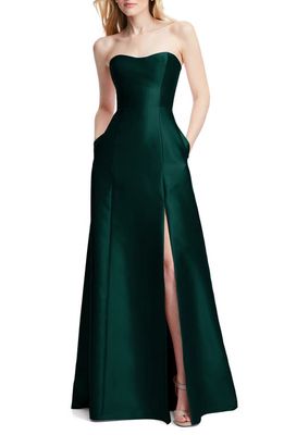 Alfred Sung Strapless Satin A-Line Gown in Evergreen