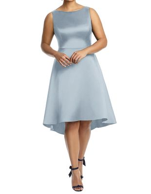 Alfred Sung Women's Bateau Neck Satin High Low Cocktail Dress in Mist