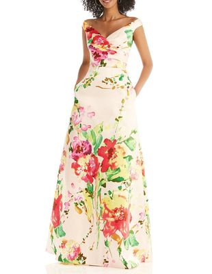 Alfred Sung Women's Blush Pink Floral Off-the-Shoulder Draped Wrap Maxi Dress in Blush Bouquet