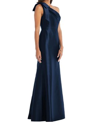 Alfred Sung Women's Bow One-Shoulder Satin Trumpet Gown in Midnight