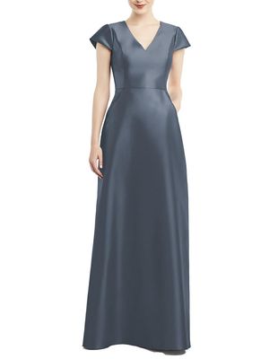 Alfred Sung Women's Cap Sleeve V-Neck Satin Gown with Pockets in Silverstone