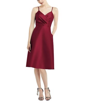 Alfred Sung Women's Draped Faux Wrap Cocktail Dress with Pockets in Burgundy