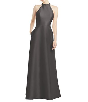 Alfred Sung Women's High-Neck Cutout Satin Dress with Pockets in Caviar