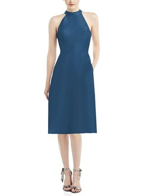 Alfred Sung Women's High-Neck Open-Back Satin Cocktail Dress in Dusk Blue