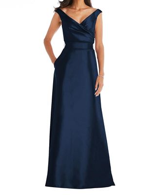 Alfred Sung Women's Off-the-Shoulder Draped Wrap Satin Maxi Dress in Midnight